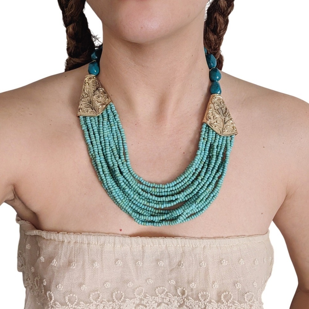 Vintage 00s Statement Chunky Faux Turquoise Beaded Engraved Hardware Necklace